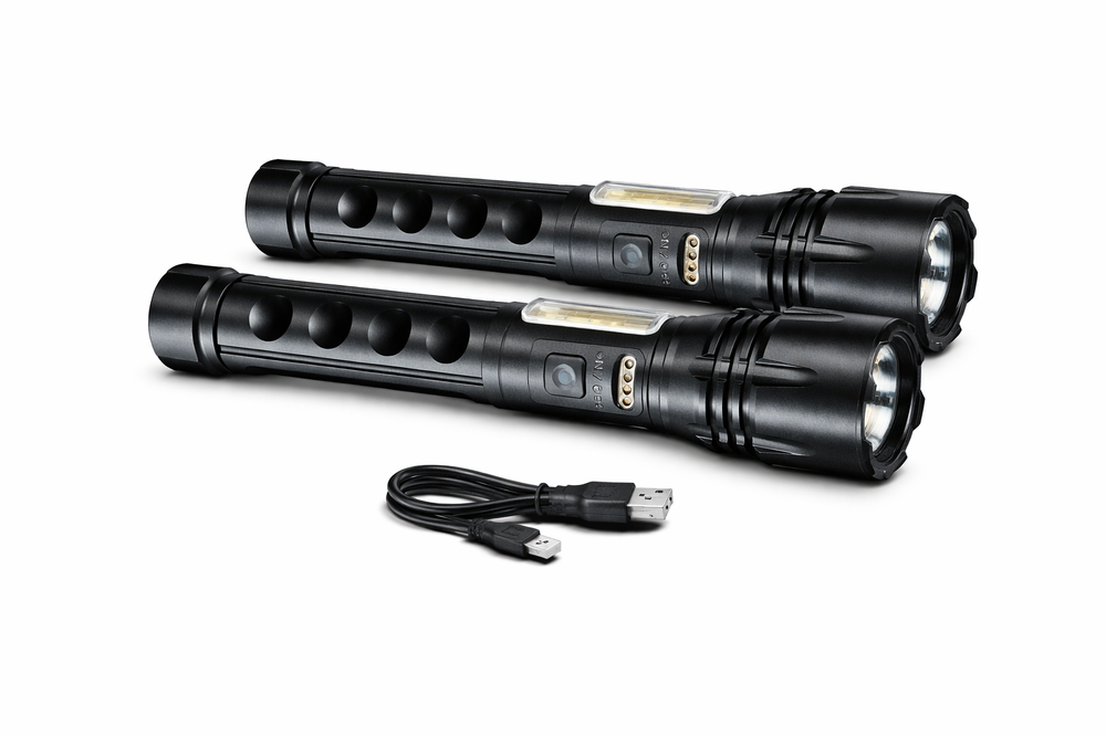 Pack of 2 Rechargeable LED Flashlights with USB Type-C Cable – Dual Light Tactical Torch image 0