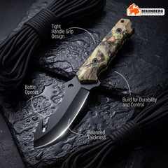 Bisonberg Tactical Fixed Blade Hunting Knife with Sheath | Outdoor Camping & Survival Knife