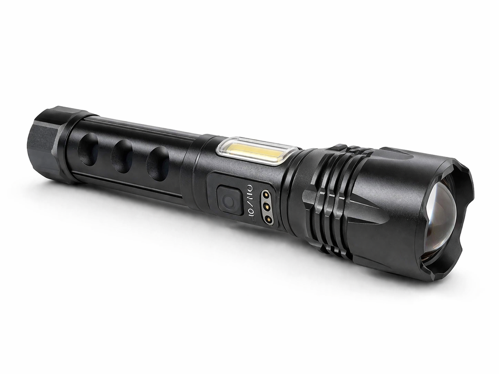 Multi-Function LED Flashlight with COB Strip Light & Power Indicator – Outdoor Torch image 0