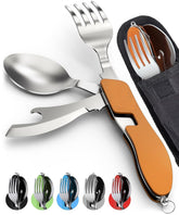 Camping Utensils, Portable Stainless Steel Spoon, Fork, Knife & Bottle Opener Combo Set - Travel, Backpacking Cutlery Multitool, Orange image 0