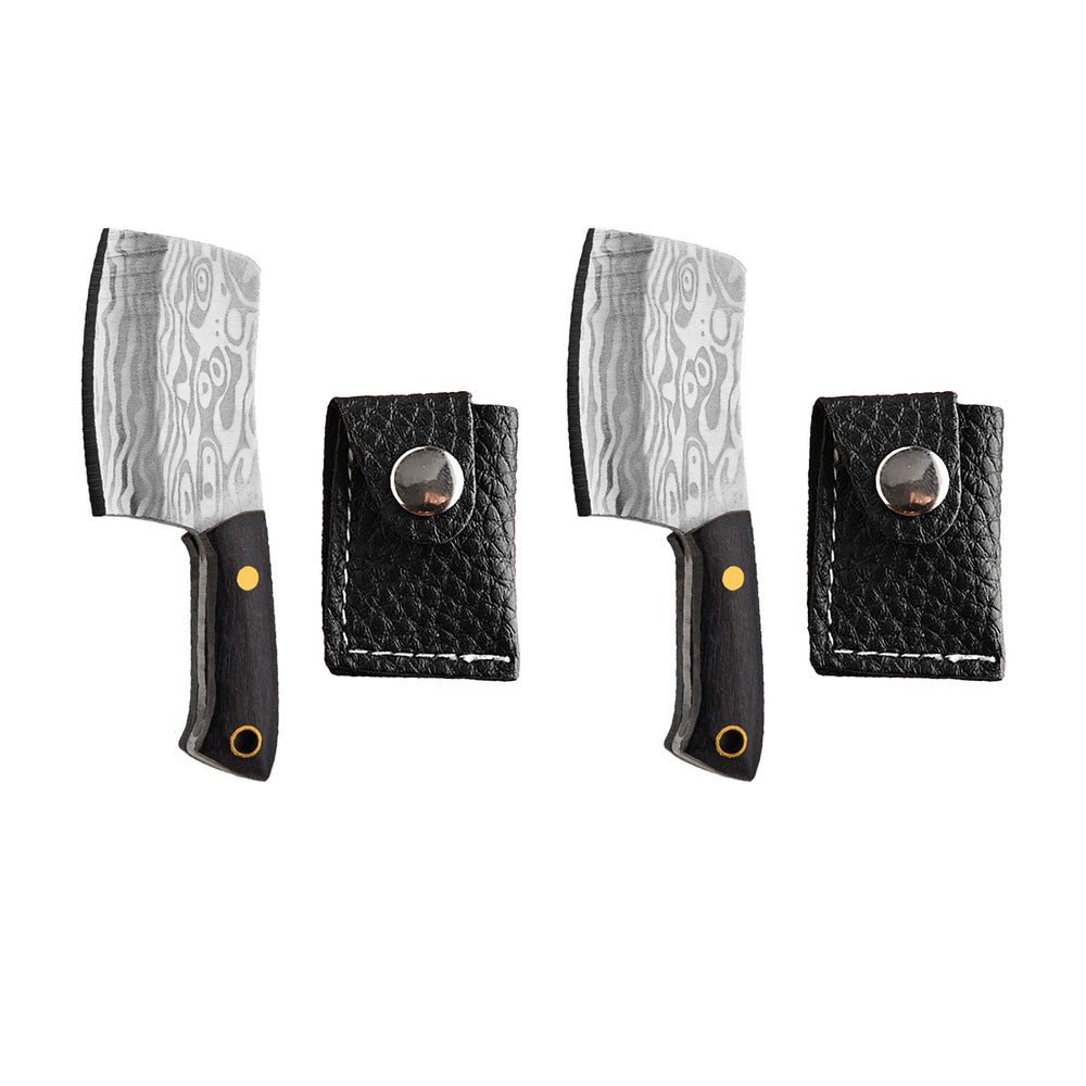 Miniature Chopper Knife with Leather Cover | Damascus Pattern Steel | Pocket-Sized Kitchen & Outdoor Utility Knife with Sheath image 0