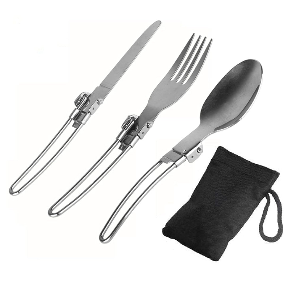 3-Piece Folding Cutlery Set, Stainless Steel Fork, Spoon & Butter Knife, Perfect for Eco-Friendly Trekking, Hiking & Camping, Includes Nylon Pouch for Convenien image 0