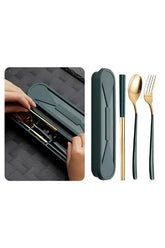 BISONBERG Premium Stainless Steel Spoon 3 Piece Set Spoon Fork Chopsticks for Gift Set with Gift Box Dinnerware Cutlery Set Tableware Set - Gold & Green image 0