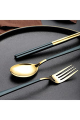 BISONBERG Premium Stainless Steel Spoon 3 Piece Set Spoon Fork Chopsticks for Gift Set with Gift Box Dinnerware Cutlery Set Tableware Set - Gold & Green image 1
