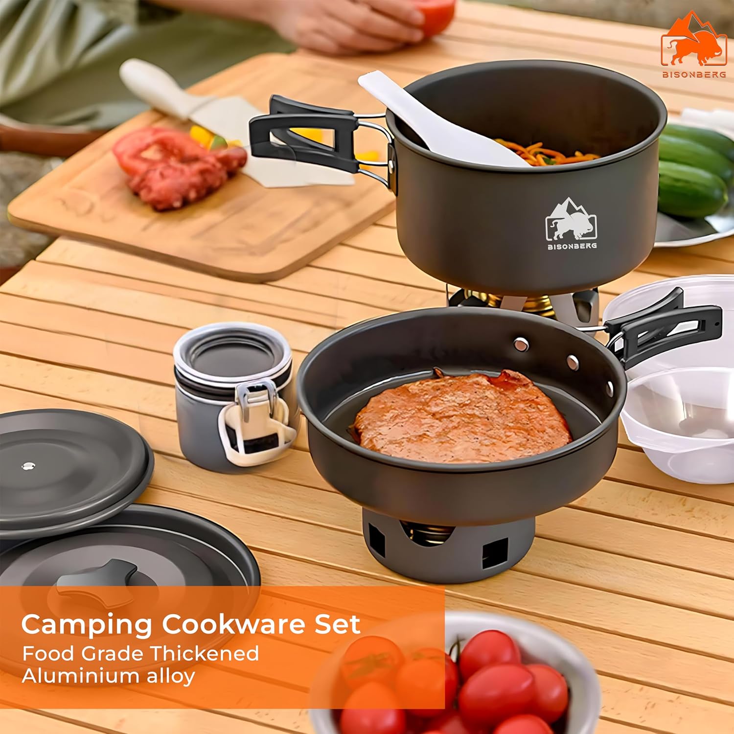 BISONBERG 8 Pcs Camping Cookware Set, Mess Kit, Camping Accessories for Outdoor, Camping Utensils with Carry Bag, Camping Bowl Pot Pan Set - Nonstick Aluminum - for 2 People image 3