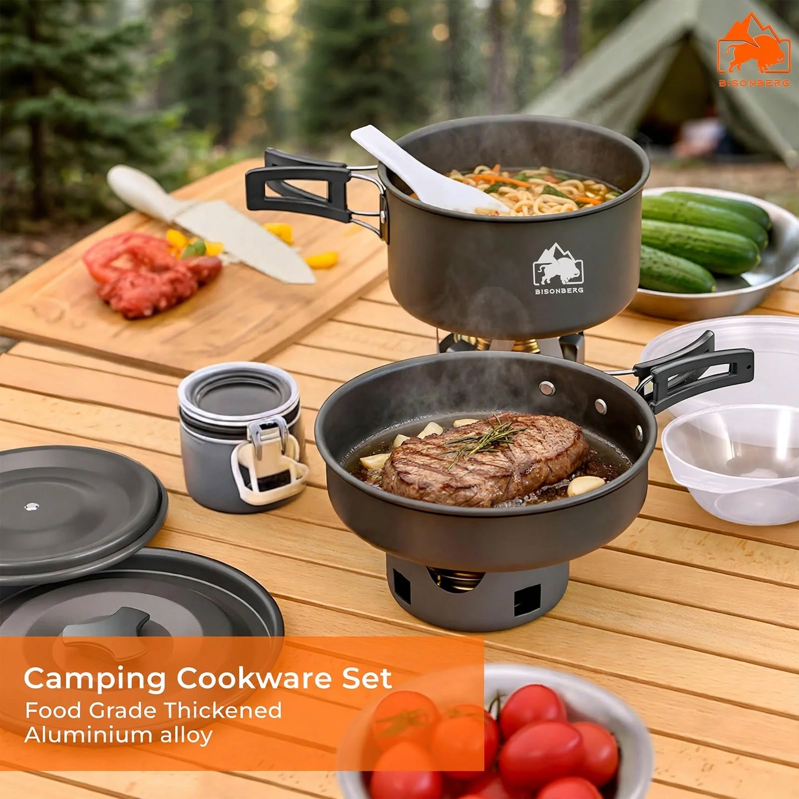 BISONBERG BB-200 Premium | 2-3 Person Camping Cookware Set – Portable Outdoor Cooking Kit with Pots, Pan, Bowl,Spoon & Carry Bag