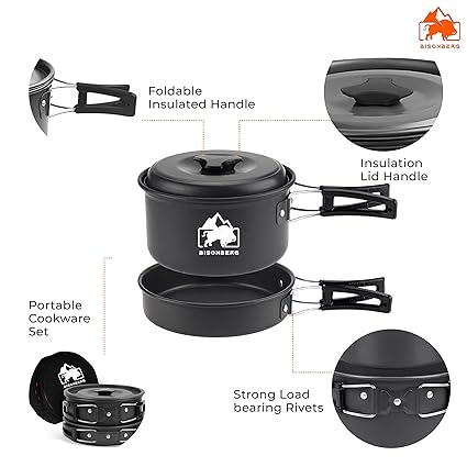 BISONBERG 8 Pcs Camping Cookware Set, Mess Kit, Camping Accessories for Outdoor, Camping Utensils with Carry Bag, Camping Bowl Pot Pan Set - Nonstick Aluminum - for 2 People image 8