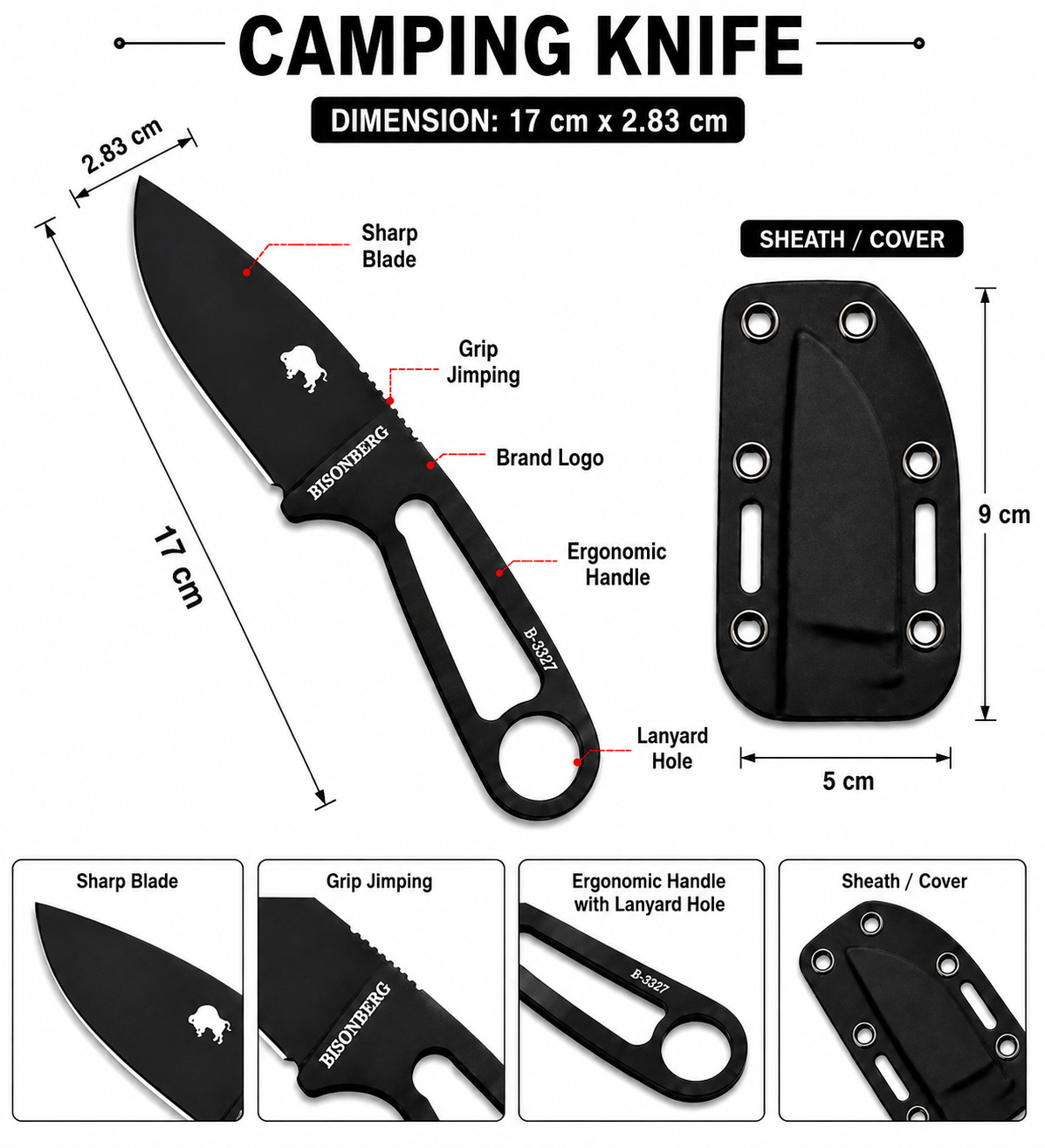 BISONBERG |Fixed Blade, Skeleton Handle Knife| Heavy Duty Survival Knife For Camping,Hunting & Outdoor Use
