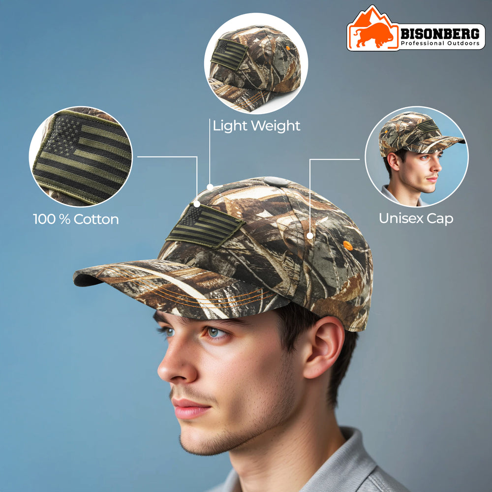 BisonBerg Camo Hunting Cap – American Flag Patch, Blaze Orange Accent, Adjustable Fit image 4