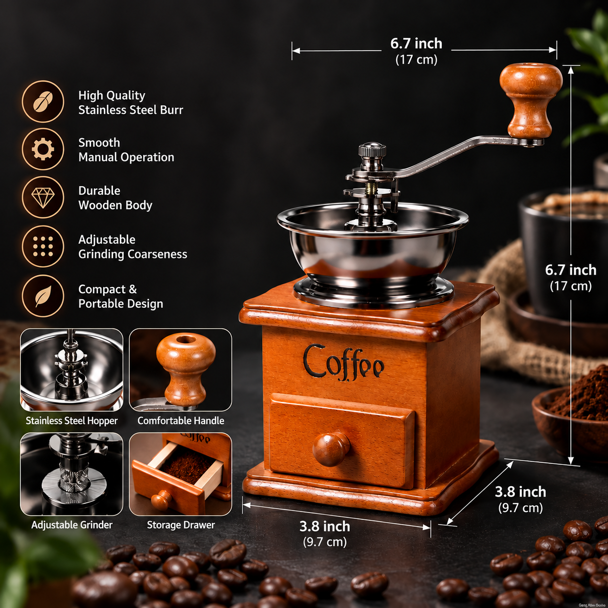 BIOSNBERG |Manual Wooden Coffee Grinder – Portable Hand Crank Coffee Mill
