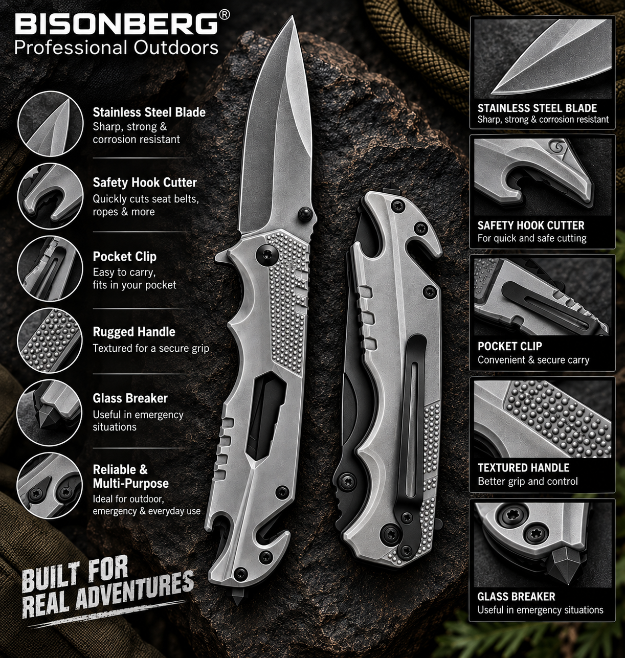 BISONBERG|Premium Multi-functional Rescue Folding  Pocket knife for camping,hiking, and outdoor|
