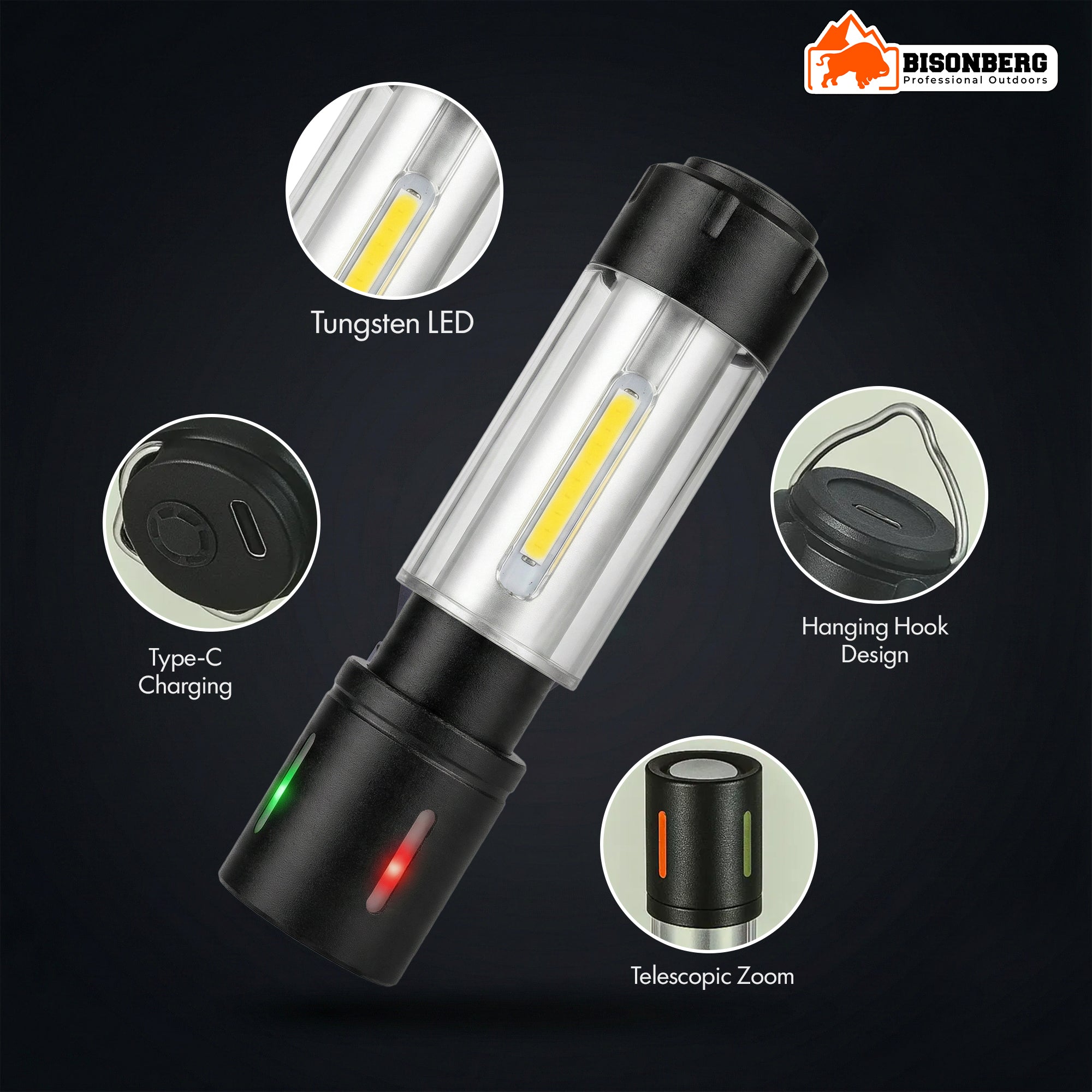Bisonberg Rechargeable Camping Lantern & Flashlight with COB LED, Type-C Charging, Zoom & Hanging Hook image 1
