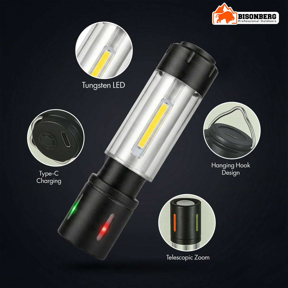 Bisonberg Rechargeable Camping Lantern & Flashlight with COB LED, Type-C Charging, Zoom & Hanging Hook image 1