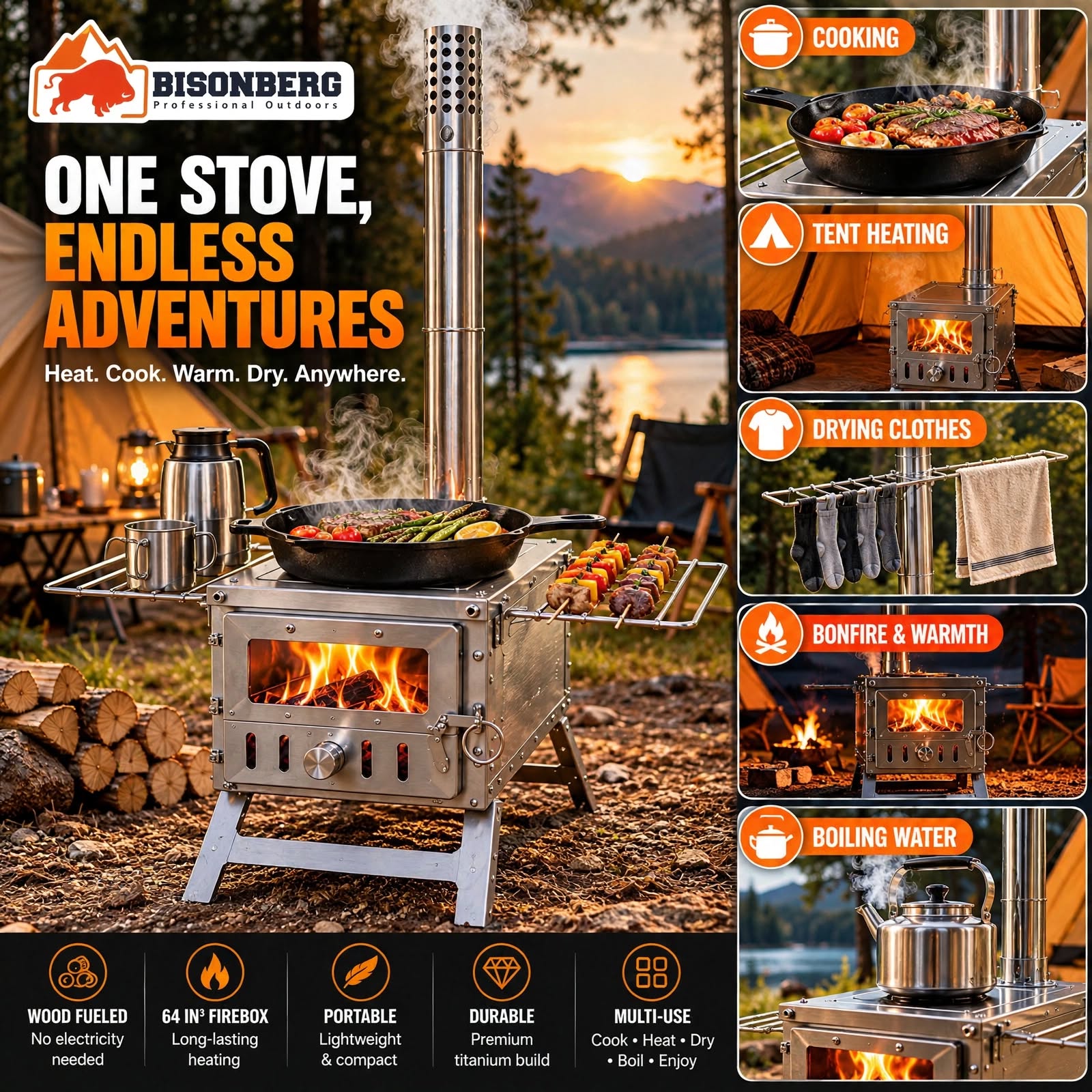 Bisonberg TA1 Titanium Wood Burning Camping Stove with Chimney Pipe – Portable Tent Stove with 10.5L Firebox, 1 Glass Viewing Windows & Foldable Cooking Racks