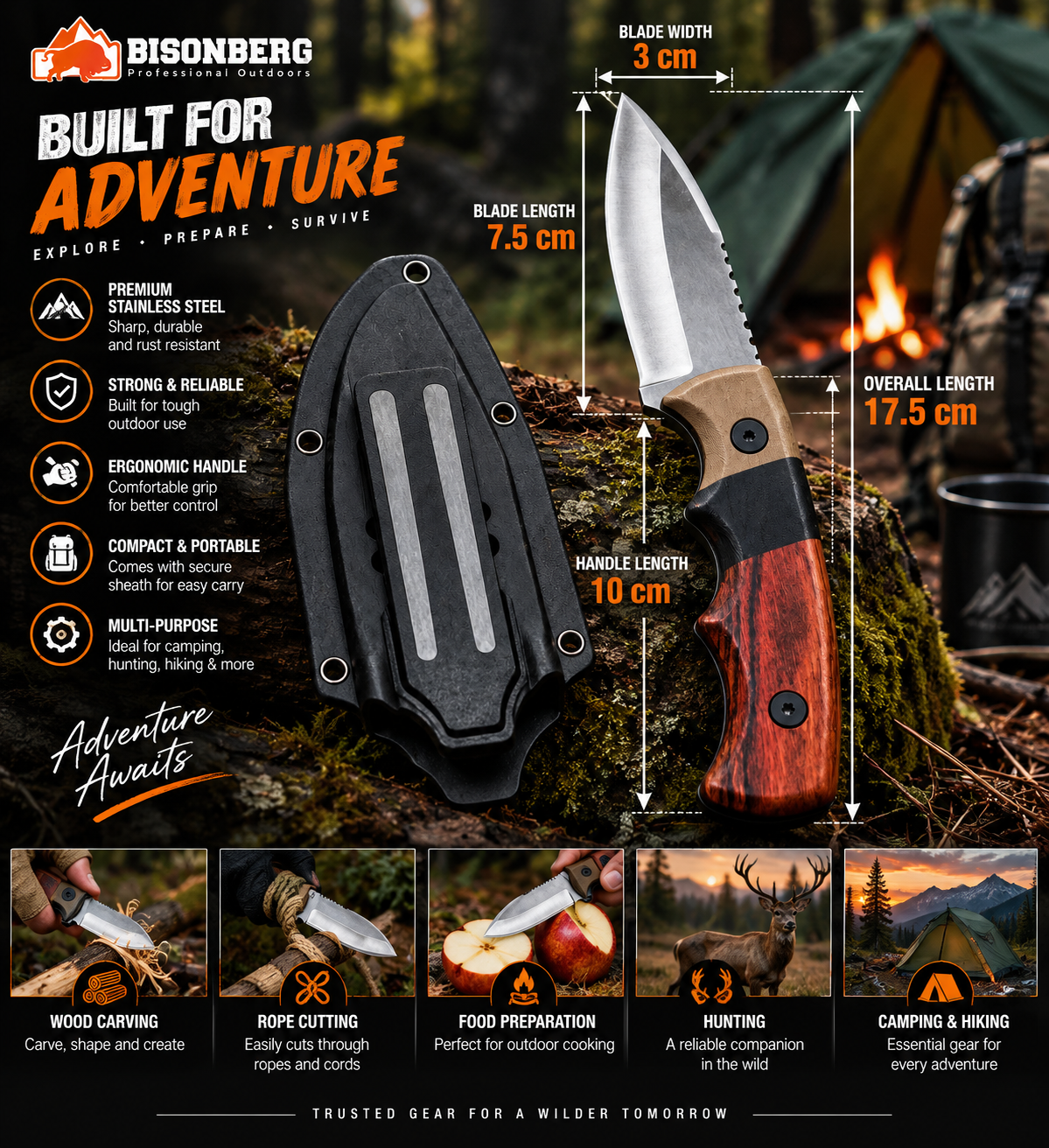 BISONBERG| PROFESSIONALTACTICAL FIXED BLADE With Sheath, OUTDOOR & CAMPING KNIFE