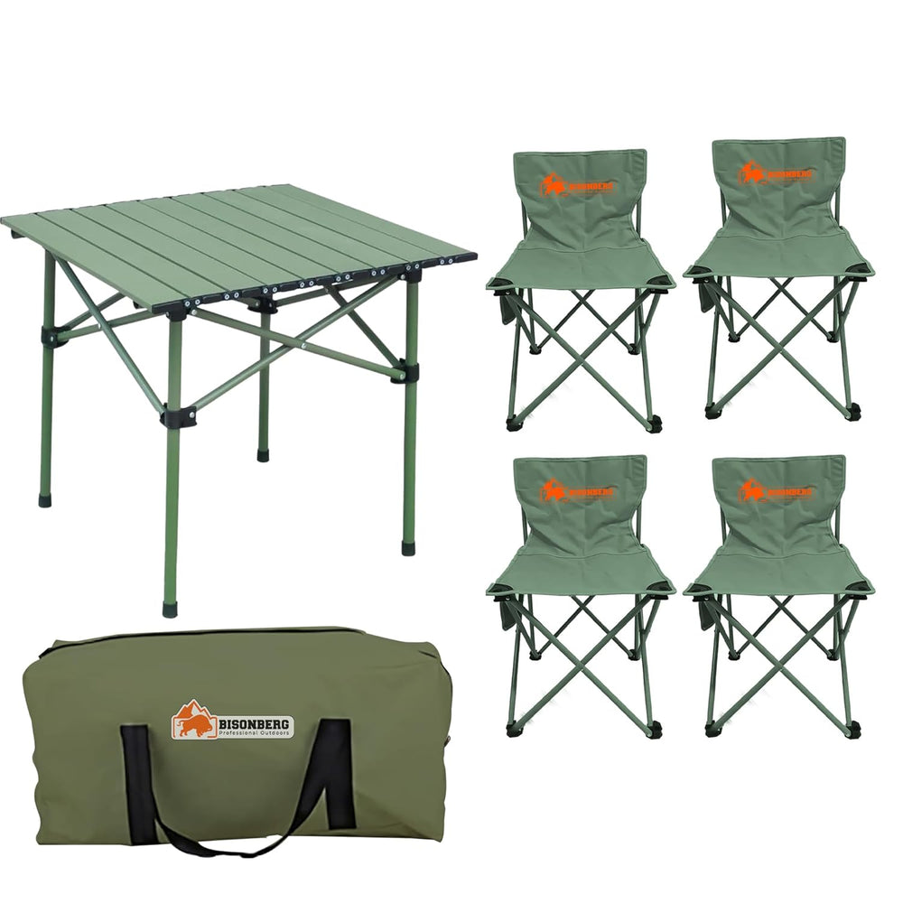 BISONBERG Aluminium Folding Camping Table With 4 Folding Chairs & Carrying Handle | Height Adjustable Table For Camping, Fishing, Hiking, Travel, Picnic, Beach - Aluminum (Square) image 0