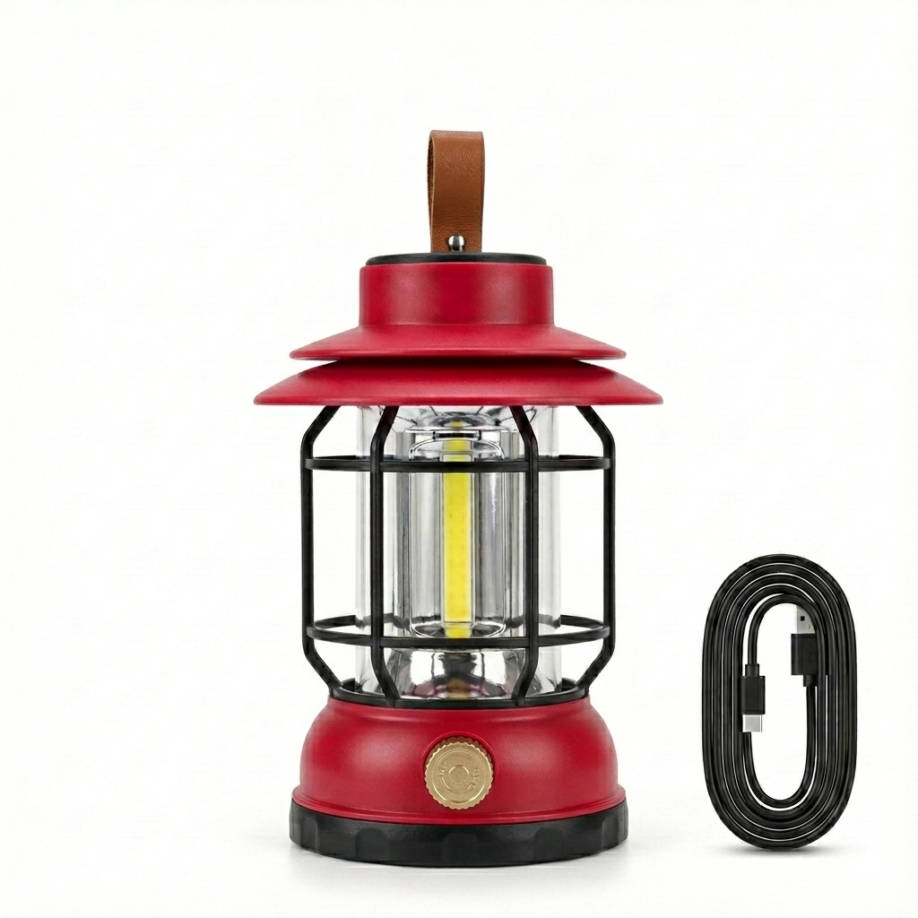 Retro Red Rechargeable LED Camping Lantern with Solar Charging & USB-C image 0