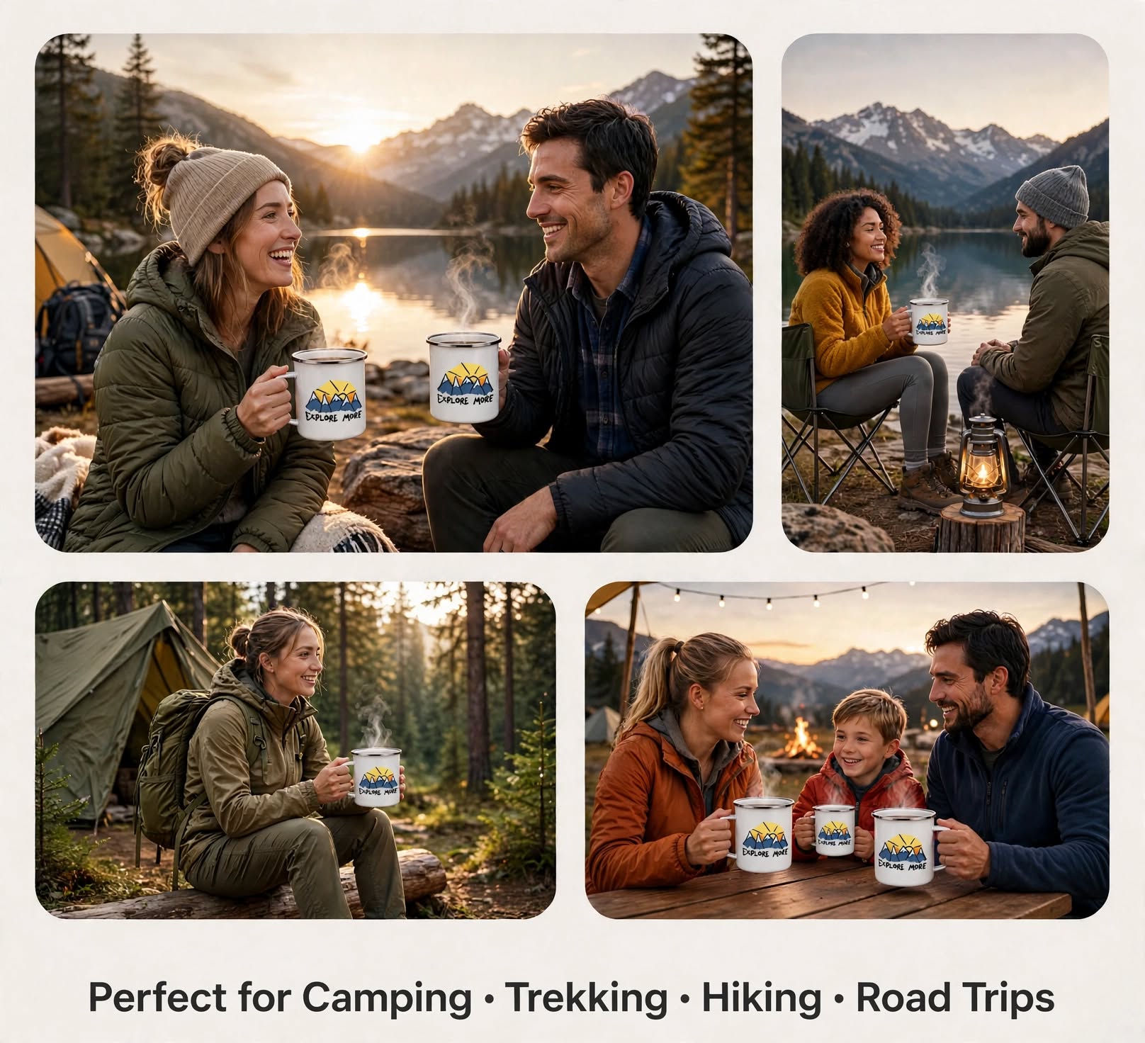 Camping Enamel Mug 300ml – “Explore More” Mountain Design Coffee Cup | Lightweight Outdoor Travel Mug for Camping & Trekking