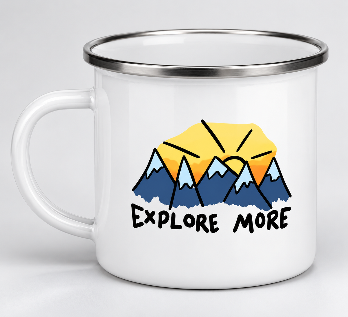 Camping Enamel Mug 300ml – “Explore More” Mountain Design Coffee Cup | Lightweight Outdoor Travel Mug for Camping & Trekking