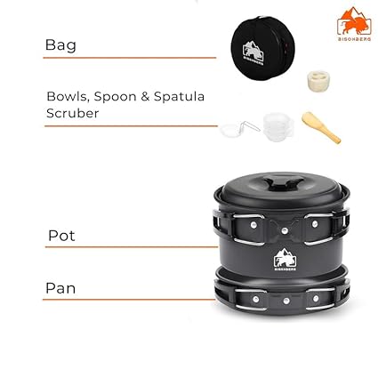 BISONBERG 8 Pcs Camping Cookware Set, Mess Kit, Camping Accessories for Outdoor, Camping Utensils with Carry Bag, Camping Bowl Pot Pan Set - Nonstick Aluminum - for 2 People image 6