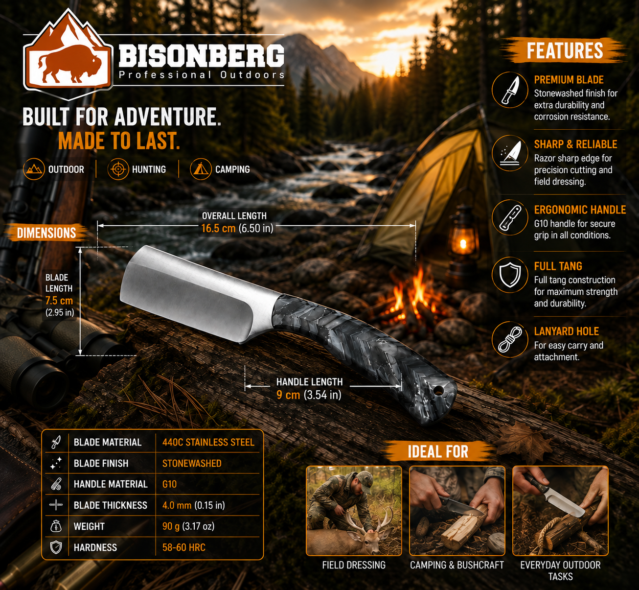 Bisonberg l Fixed Blade  Knife ,Outdoor Camping & Survival Knife
