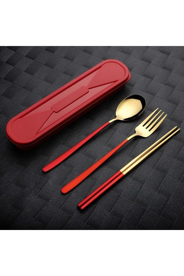 Premium Stainless Steel 3 Piece Set - Spoon, Fork, Chopsticks - Gold & Red Gift Set with Gift Box image 0