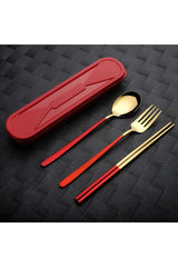 Premium Stainless Steel 3 Piece Set - Spoon, Fork, Chopsticks - Gold & Red Gift Set with Gift Box image 0