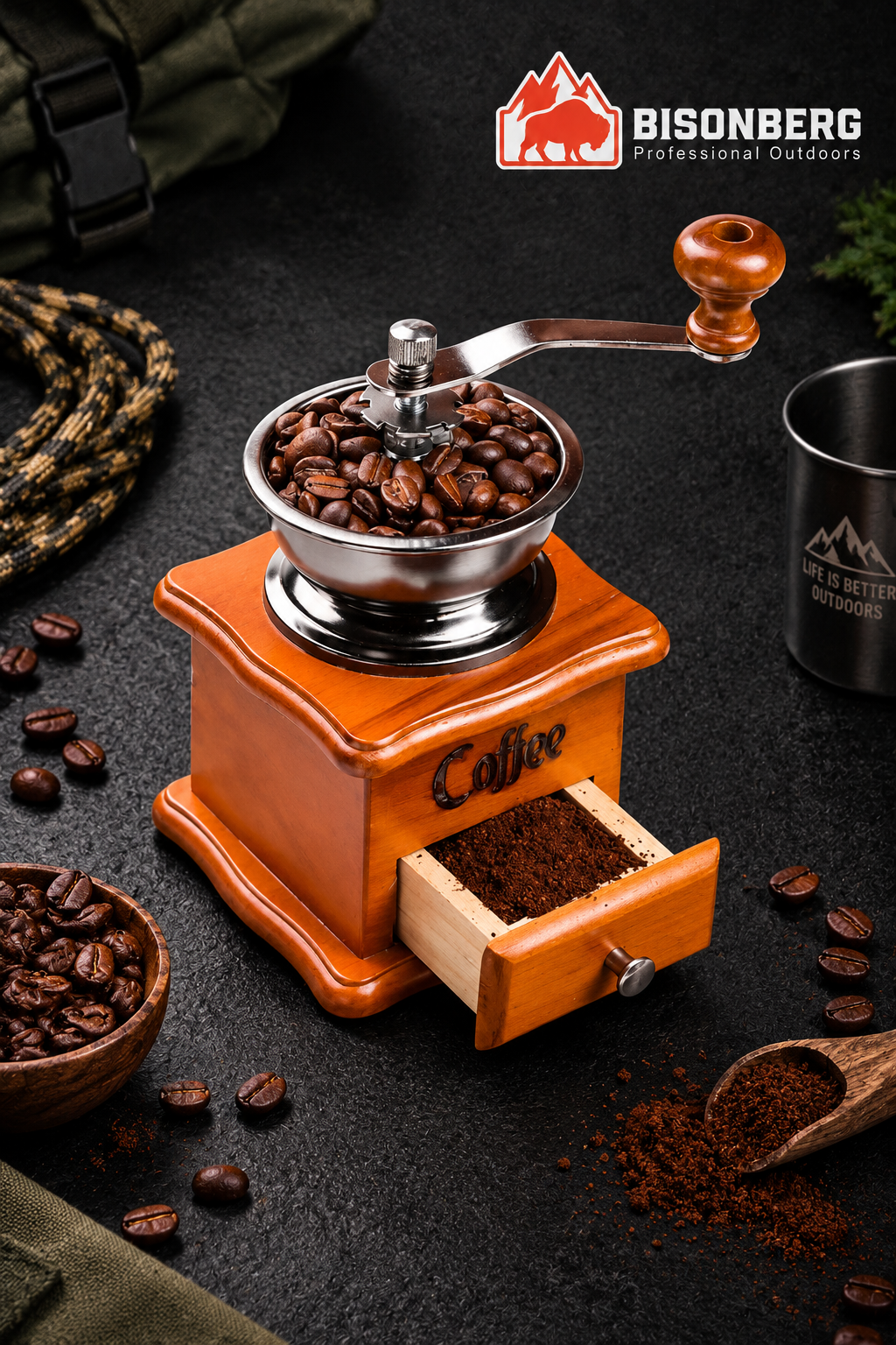 BIOSNBERG |Manual Wooden Coffee Grinder – Portable Hand Crank Coffee Mill