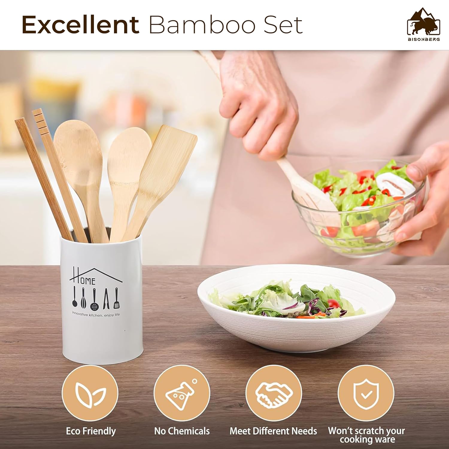 Natural Wooden Serving and Cooking Spoons Utensil Includes Frying Serving Spatula Dessert Rice Spoons Wooden for Nonstick Cookware Kitchen Utensils Set of 4-35.5 Cm image 4