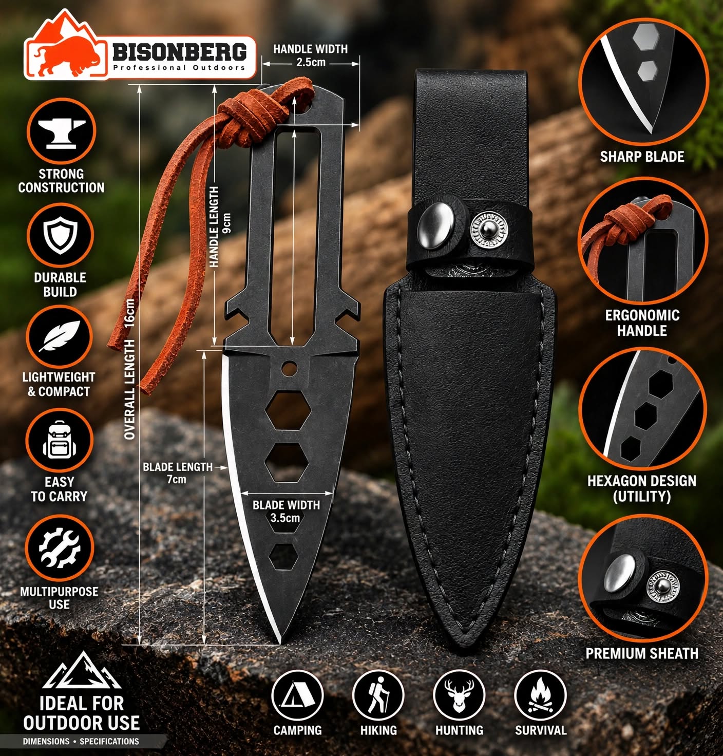 Bisonberg |Skeletonized Fixed Blade Camping & Outdoor Survival Knife
