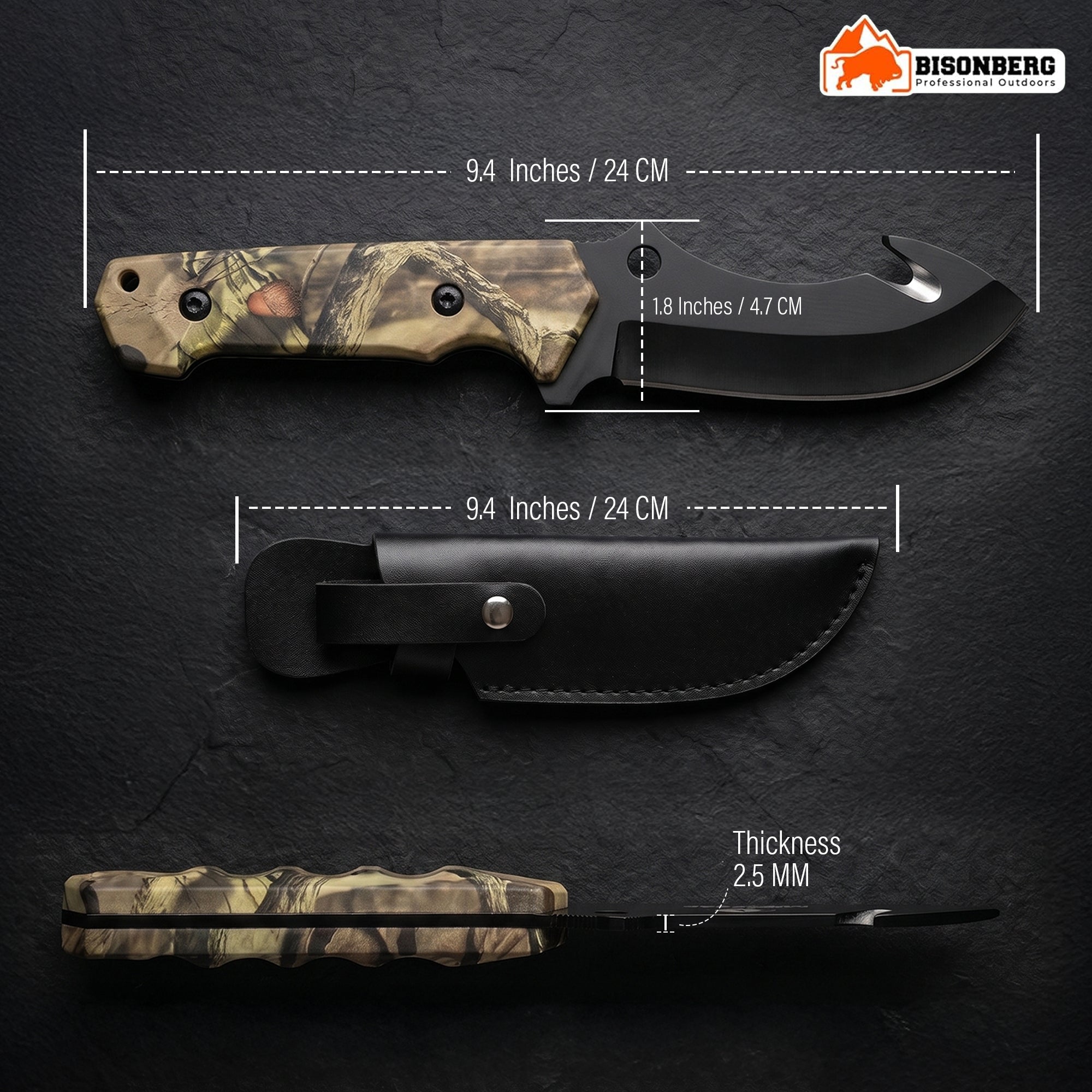 Bisonberg Tactical Fixed Blade Hunting Knife with Sheath | Outdoor Camping & Survival Knife