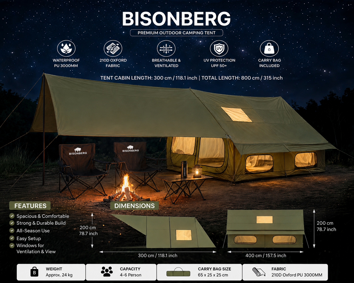 BISONBERG-Inflatable Camping a Air Tent – Waterproof Large Outdoor Family Shelter|