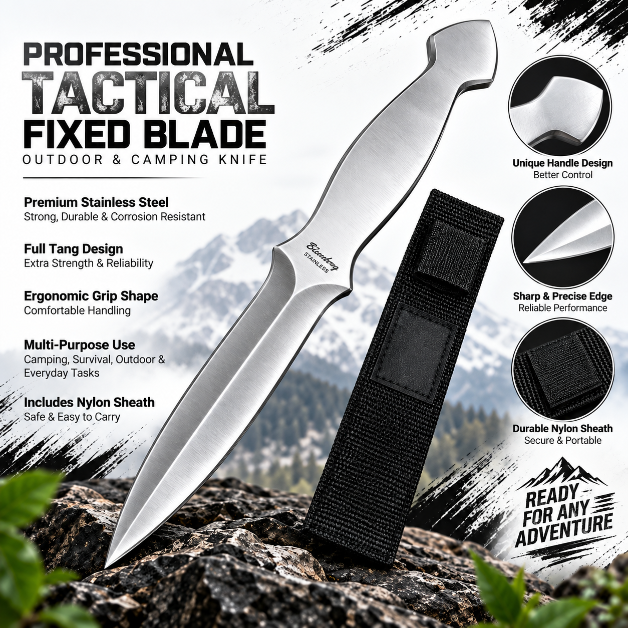 Biosnberg|PROFESSIONAL TACTICAL STAINLESS STELL FIXED BLADE ,OUTDOOR & CAMPING KNIFE