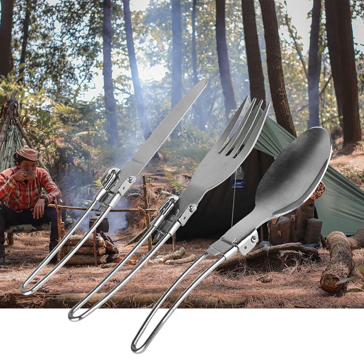 3-Piece Folding Cutlery Set, Stainless Steel Fork, Spoon & Butter Knife, Perfect for Eco-Friendly Trekking, Hiking & Camping, Includes Nylon Pouch for Convenien image 5