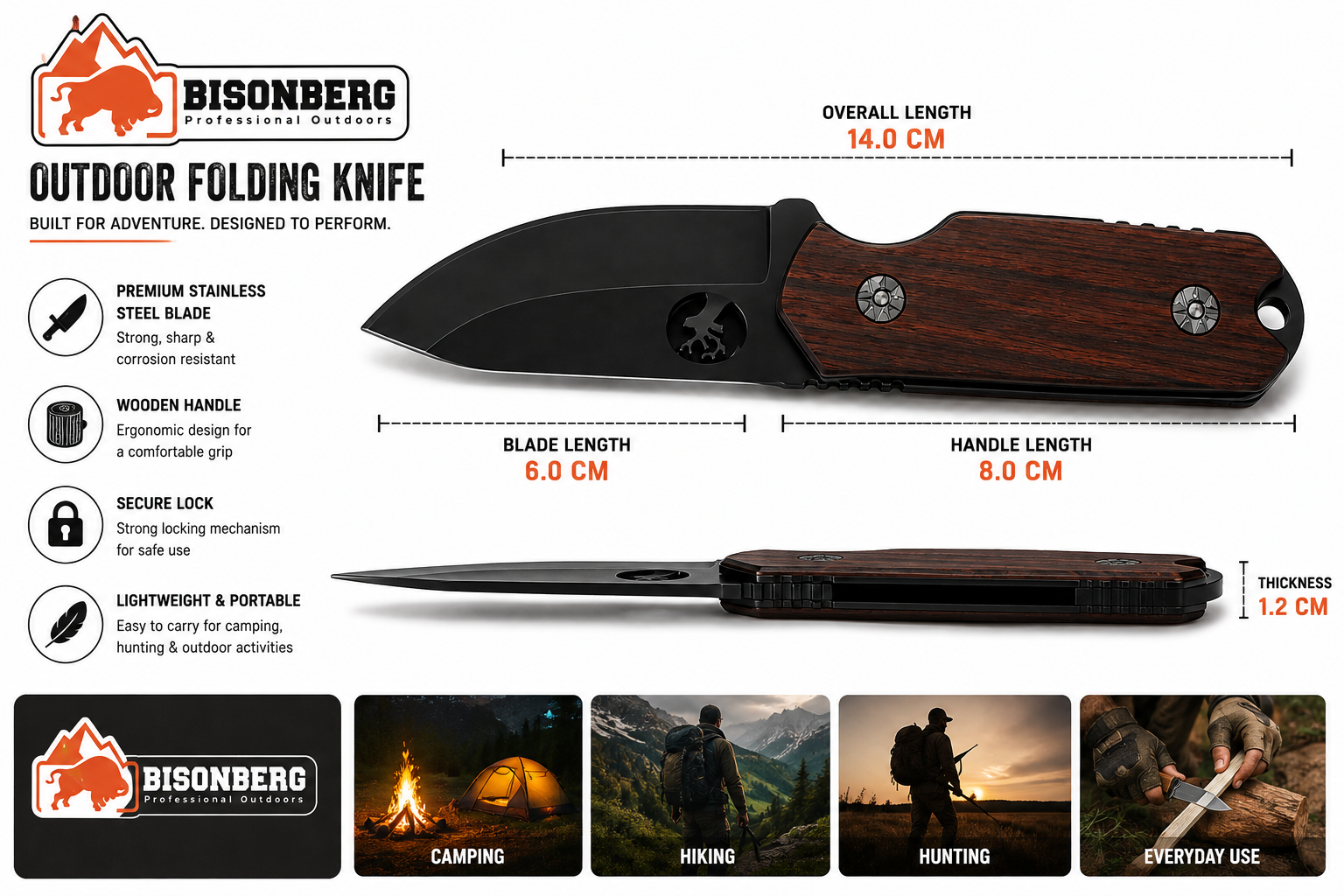 Bisonberg | Premium Wooden Handle  Fixed Blade Knife  | Outdoor Camping & Survival Knife