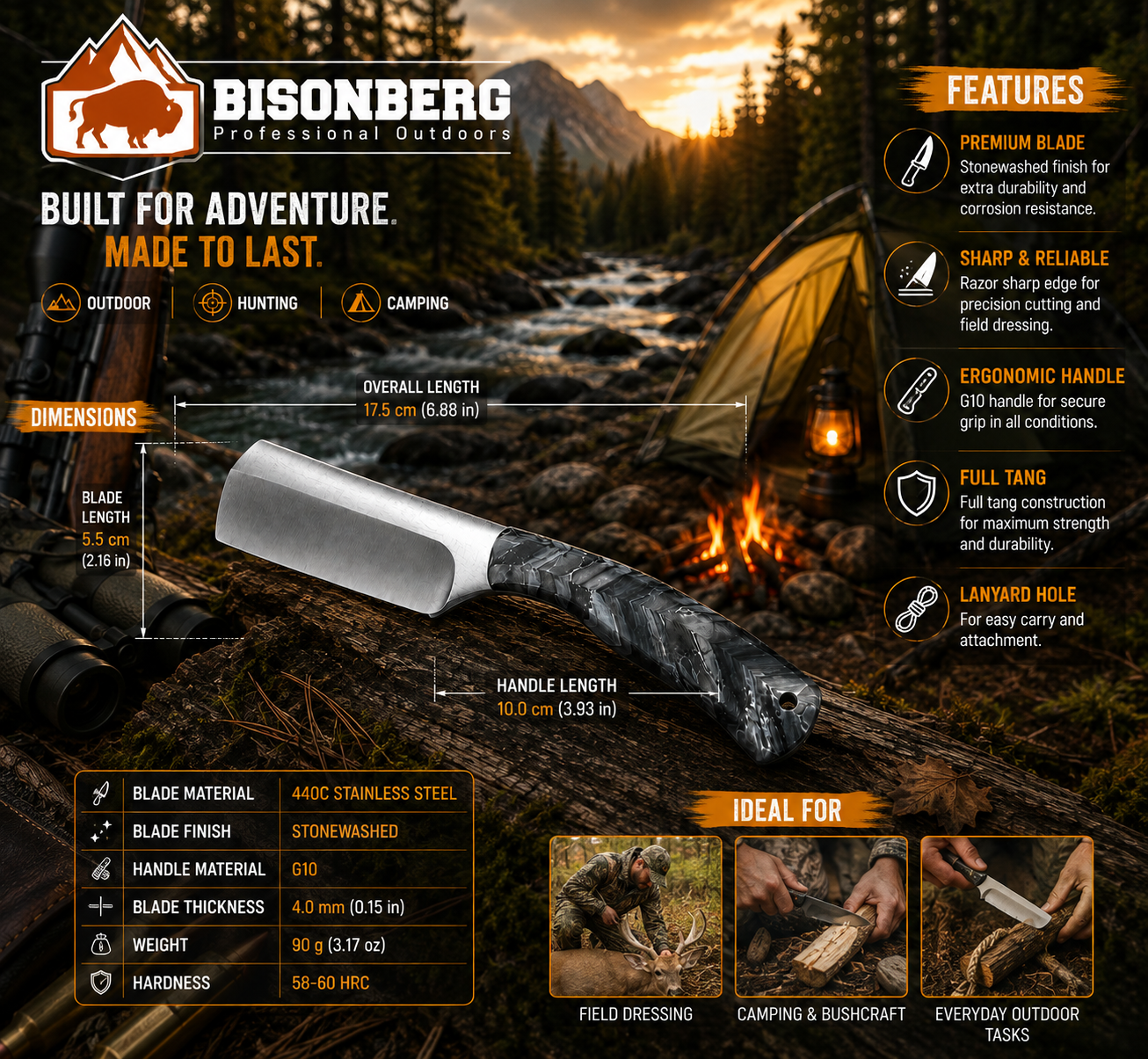 Bisonberg l Fixed Blade  Knife ,Outdoor Camping & Survival Knife
