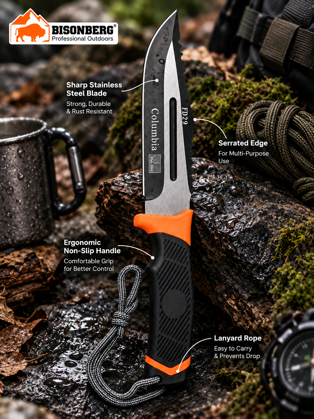 BisonberG| Fixed Blade  Knife with Sheath | Outdoor Camping & Survival Knife