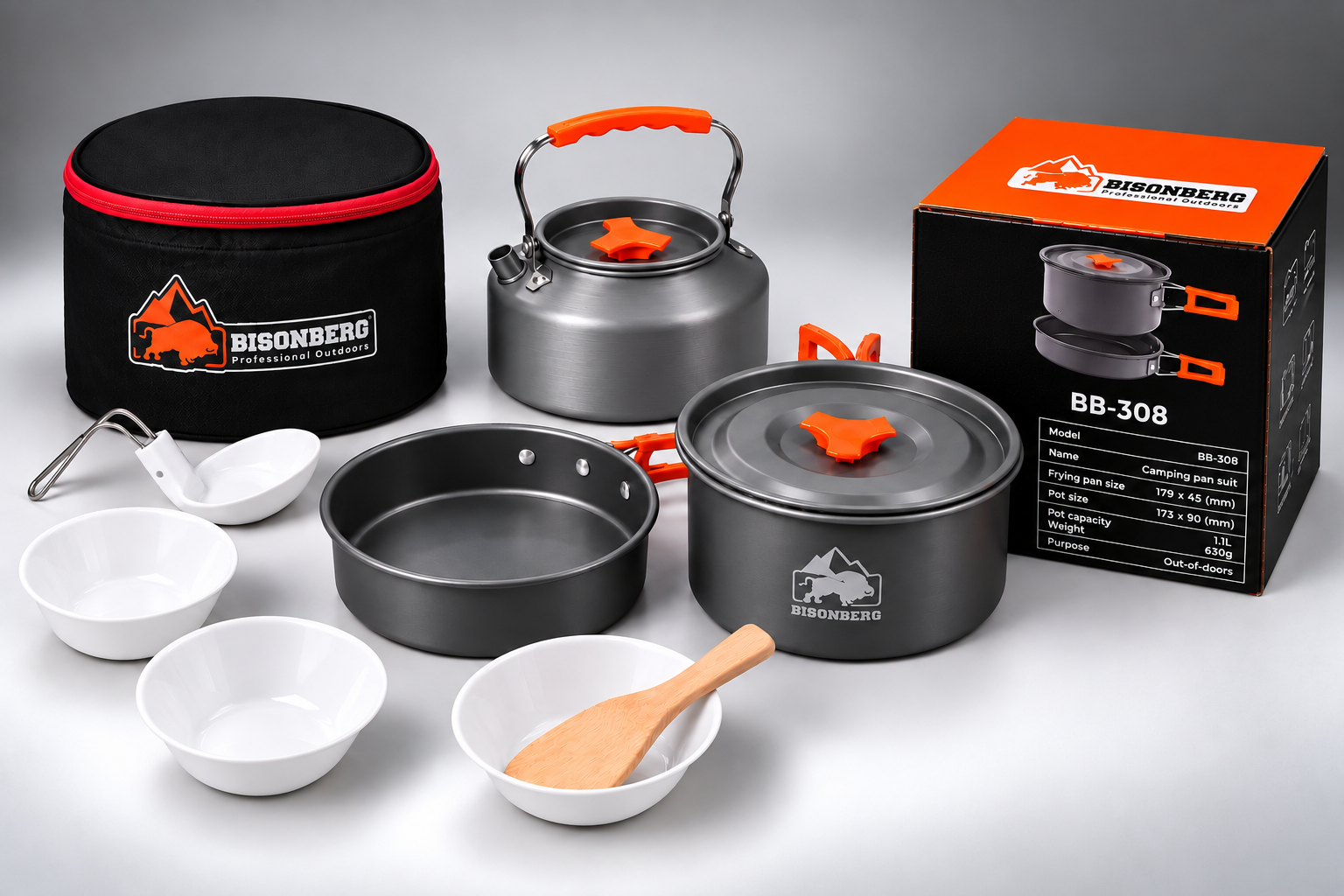 BISONBERG BB-308 Premium |3-4 Person Camping Cookware Set – Portable Outdoor Cooking Kit with Pots, Pan, Kettle & Carry Bag