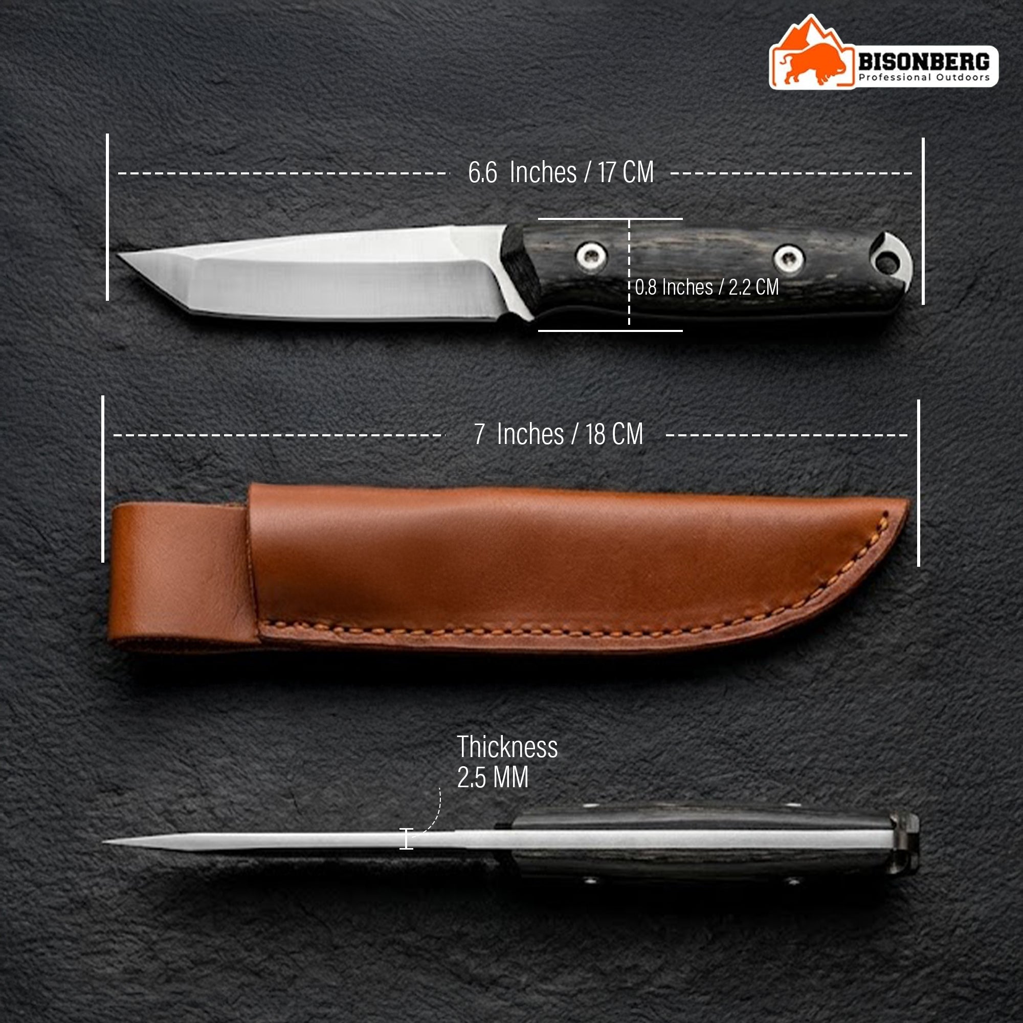 Bisonberg Fixed Blade Bushcraft Knife with Leather Sheath | Stainless Steel Camping & Outdoor Utility Knife