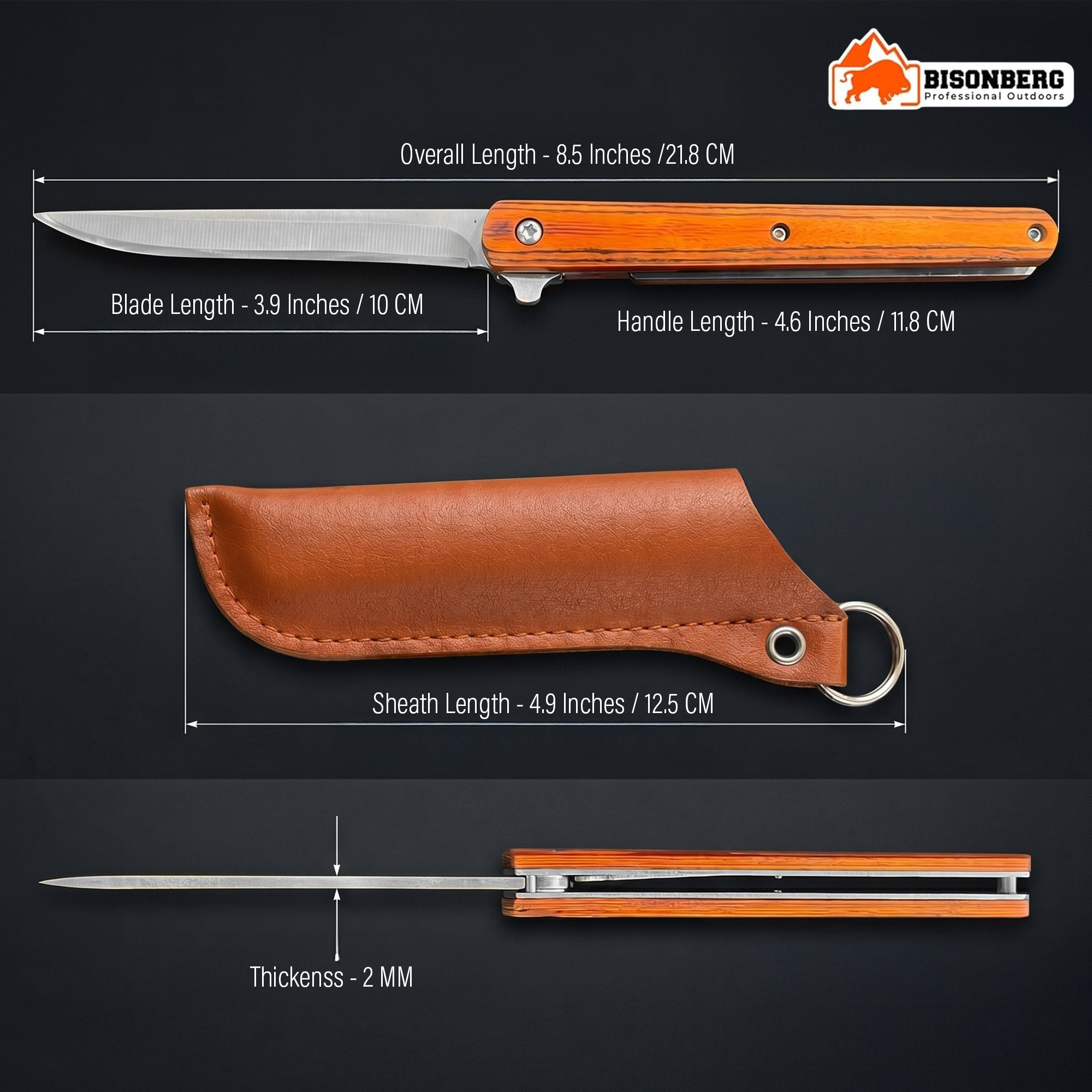 Bisonberg Folding Pocket Knife with Leather Sheath | Stainless Steel EDC Camping & Outdoor Knife (8.5 Inch)