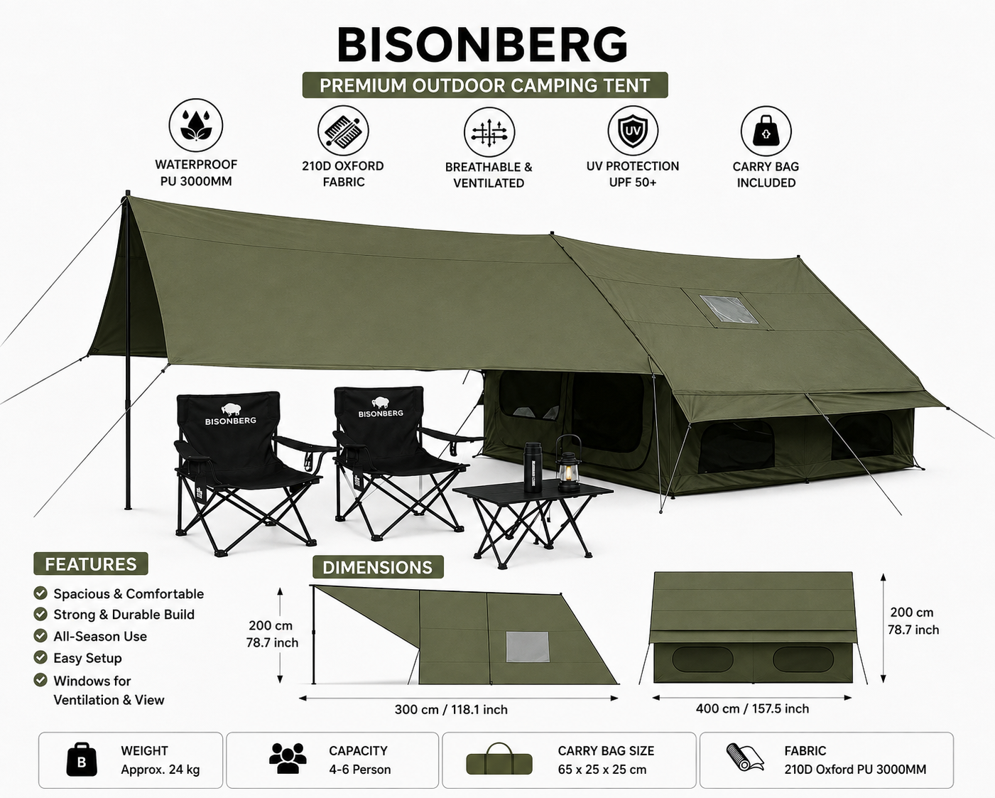 BISONBERG-Inflatable Camping a Air Tent – Waterproof Large Outdoor Family Shelter|