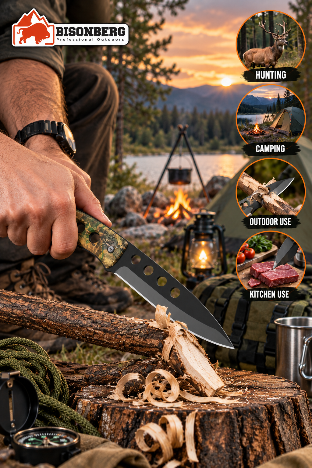 BISONBERG  Kitchen Utility Fixed Blade Knife| Heavy Duty Survival Knife For Camping,Hunting & Outdoor Use