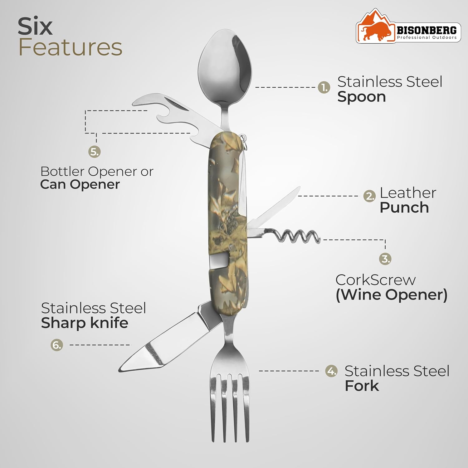 Camping Utensils, Portable Stainless Steel Spoon, Fork, Knife & Bottle Opener Combo Set - Travel, Backpacking Cutlery Multitool, Silver image 2