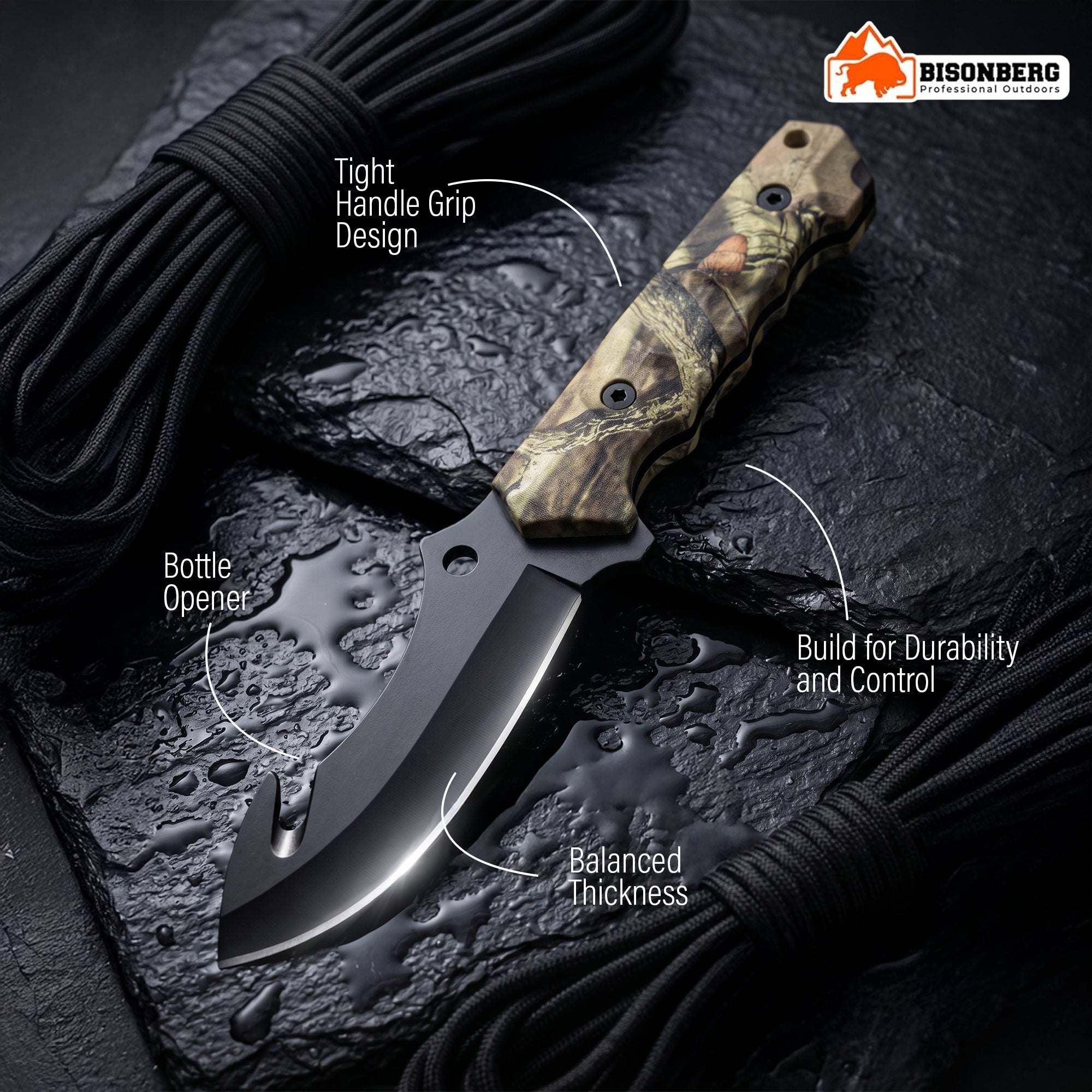 Bisonberg Tactical Fixed Blade Hunting Knife with Sheath | Outdoor Camping & Survival Knife