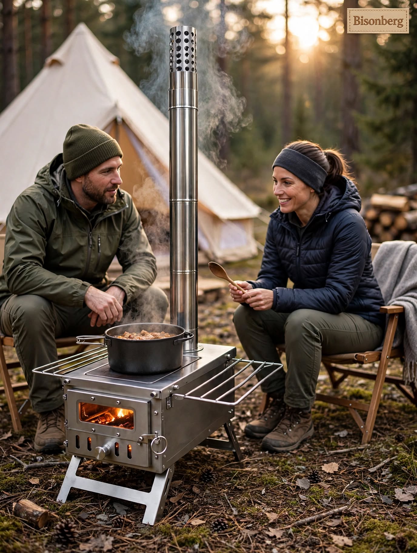 Bisonberg TA1 Titanium Wood Burning Camping Stove with Chimney Pipe – Portable Tent Stove with 10.5L Firebox, 1 Glass Viewing Windows & Foldable Cooking Racks