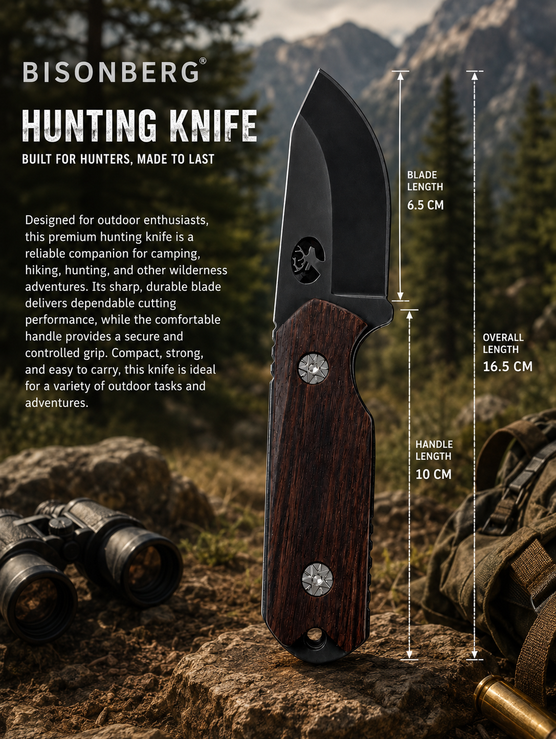 Bisonberg | Premium Wooden Handle  Fixed Blade Knife  | Outdoor Camping & Survival Knife