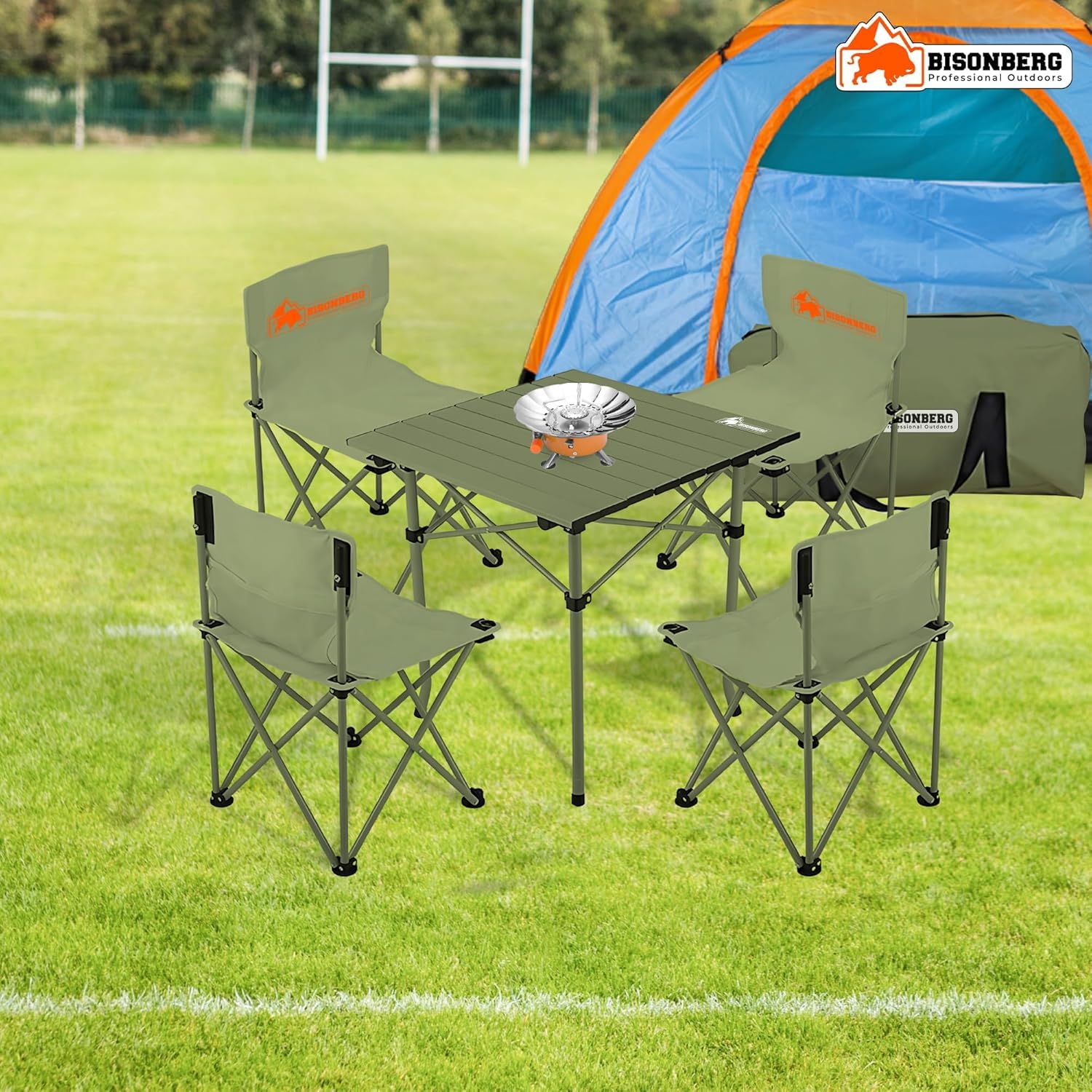 BISONBERG Aluminium Folding Camping Table With 4 Folding Chairs & Carrying Handle | Height Adjustable Table For Camping, Fishing, Hiking, Travel, Picnic, Beach - Aluminum (Square) image 5