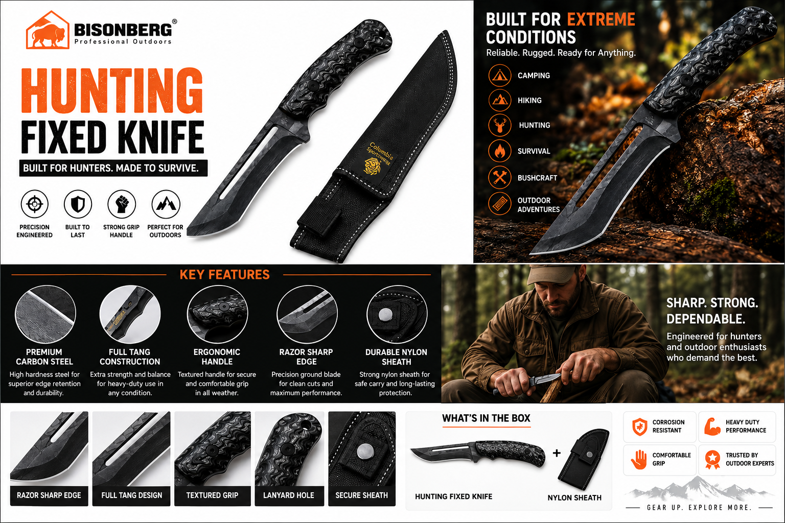 Bisonberg Fixed Blade  Meat Knife for Chopping, Dicing and Mincing, Professional Chef Blade for Home Knife with Sheath | Outdoor Camping & Survival Knife