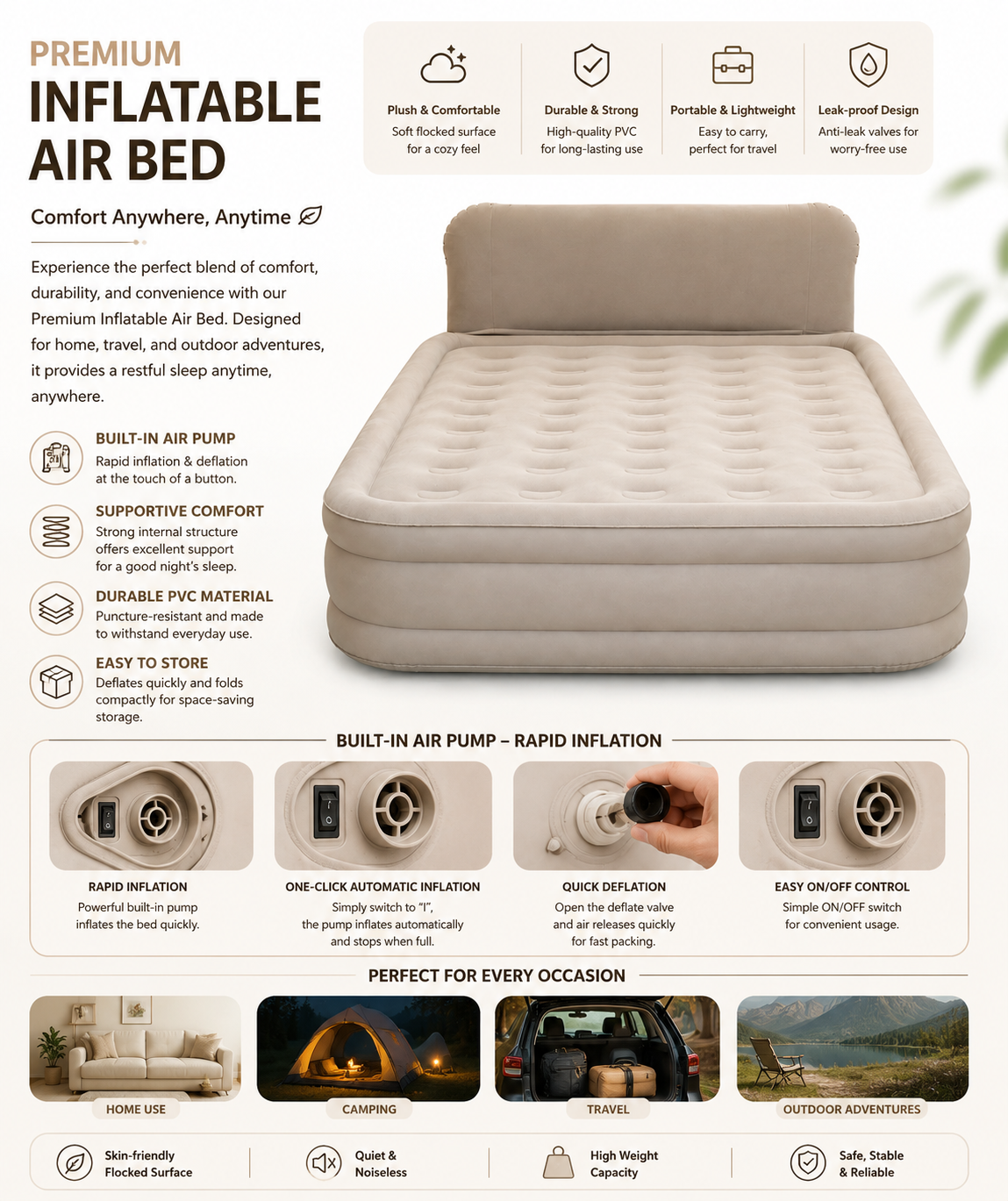 BISONBERG PREMIUM INFLATABLE AIR-BED/ WITH BUILT-IN AIR- PUMP AND BACKREST|DESIGNED FOR ULTIMATE COMFORT