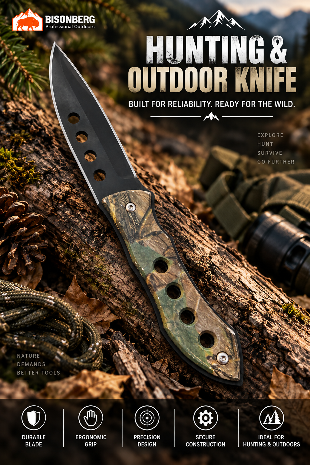 BISONBERG  Kitchen Utility Fixed Blade Knife| Heavy Duty Survival Knife For Camping,Hunting & Outdoor Use